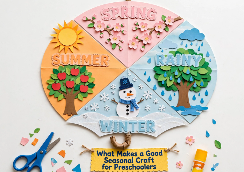 24 Preschool Seasonal Crafts for Spring, Summer, Fall & Winter An umbrella-shaped preschool seasonal crafts project split into four sections representing spring, summer, rainy, and winter seasons with a hanging banner at the bottom.