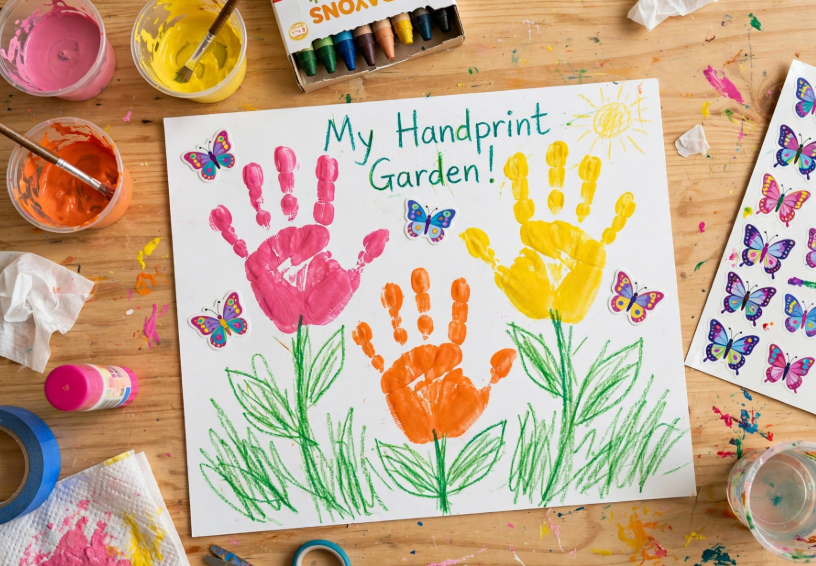 24 Preschool Seasonal Crafts for Spring, Summer, Fall & Winter A colorful handprint flower art project titled "My Handprint Garden!" designed for preschool seasonal crafts, surrounded by paint pots, crayons, and butterfly stickers.