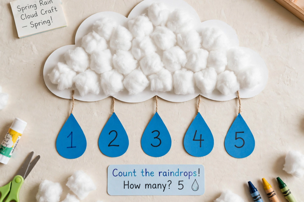 24 Preschool Seasonal Crafts for Spring, Summer, Fall & Winter A fluffy cotton ball rain cloud activity with numbered hanging raindrops from 1 to 5, an engaging idea for preschool seasonal crafts.
