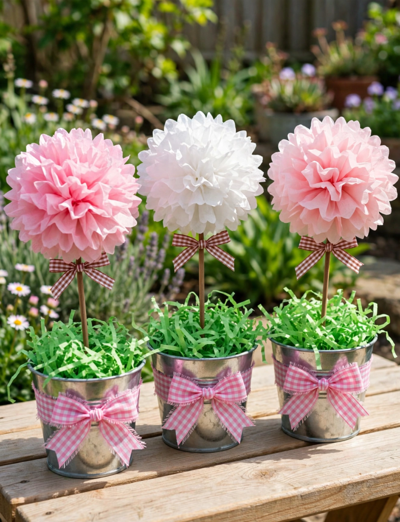 24 Preschool Seasonal Crafts for Spring, Summer, Fall & Winter Three potted tissue paper flower topiaries with ribbons on an outdoor bench, a creative spring project for preschool seasonal crafts.