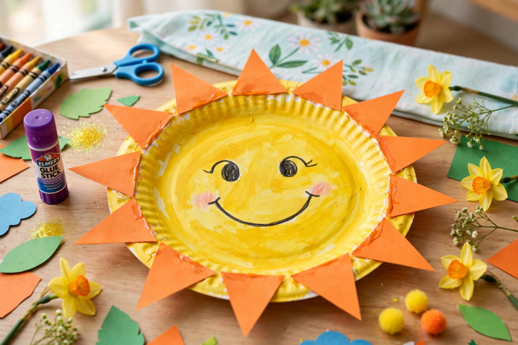 24 Preschool Seasonal Crafts for Spring, Summer, Fall & Winter A smiling yellow paper plate sun with orange paper triangle rays on a wooden table, an easy idea for preschool seasonal crafts.