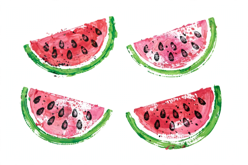 24 Preschool Seasonal Crafts for Spring, Summer, Fall & Winter Four painted watermelon slice prints with fingerprint black seeds, a fun summer project for preschool seasonal crafts.