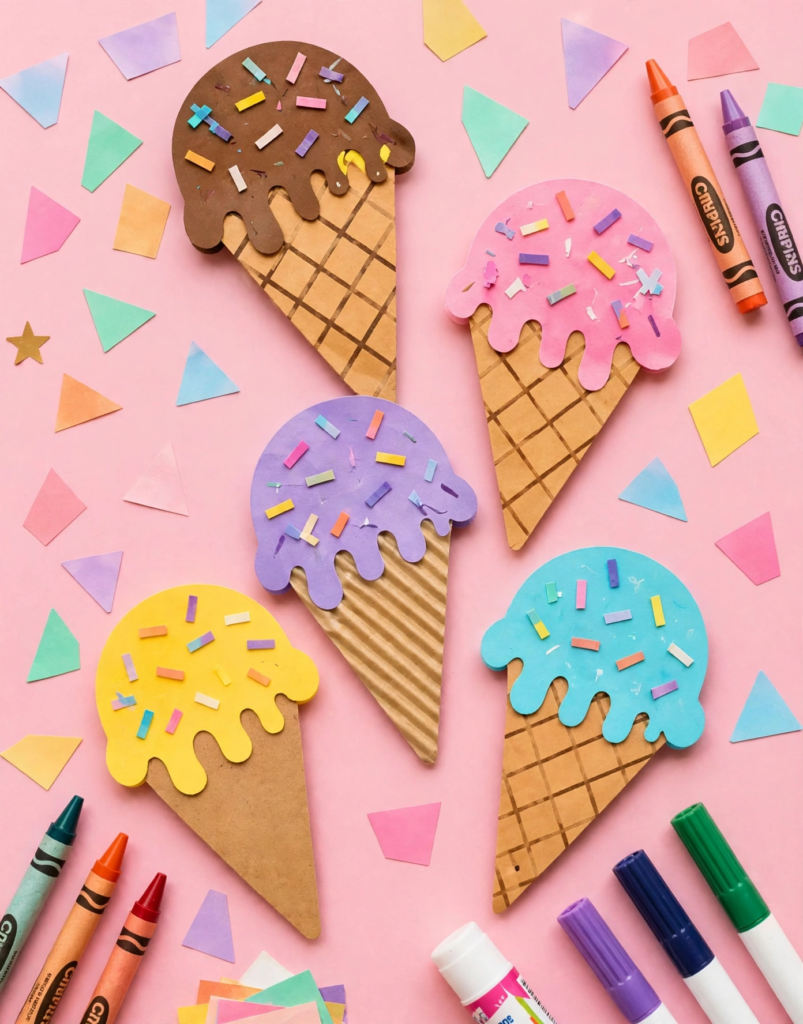 24 Preschool Seasonal Crafts for Spring, Summer, Fall & Winter Five colorful paper and cardboard ice cream cones topped with confetti sprinkles, a sweet summer idea for preschool seasonal crafts.