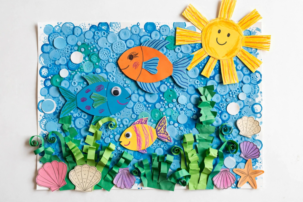24 Preschool Seasonal Crafts for Spring, Summer, Fall & Winter An under-the-sea paper collage artwork with bubble wrap-printed water, colorful fish, folded seaweed, and a smiling sun, perfect for preschool seasonal crafts.