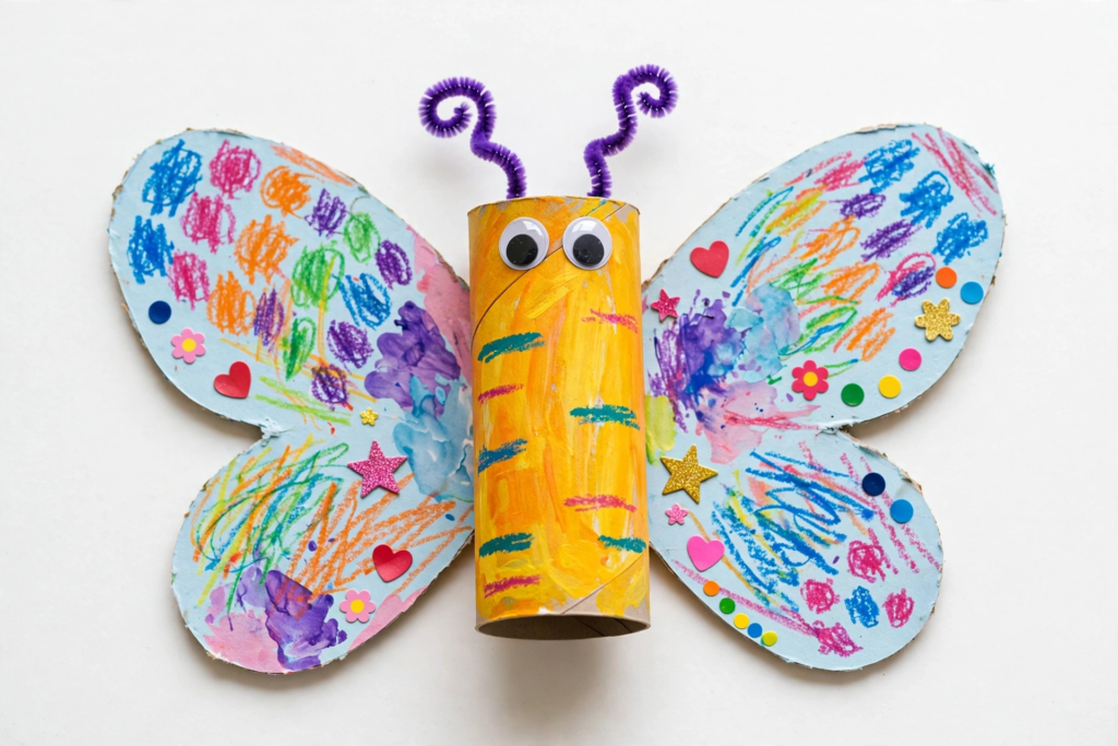 24 Preschool Seasonal Crafts for Spring, Summer, Fall & Winter A colorful butterfly made from a painted toilet paper roll, cardboard wings with crayon scribbles, and pipe cleaner antennae, an easy idea for preschool seasonal crafts.