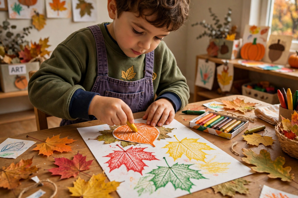 24 Preschool Seasonal Crafts for Spring, Summer, Fall & Winter A young boy coloring over autumn leaves with wax crayons to make leaf rubbings, an engaging idea for preschool seasonal crafts.