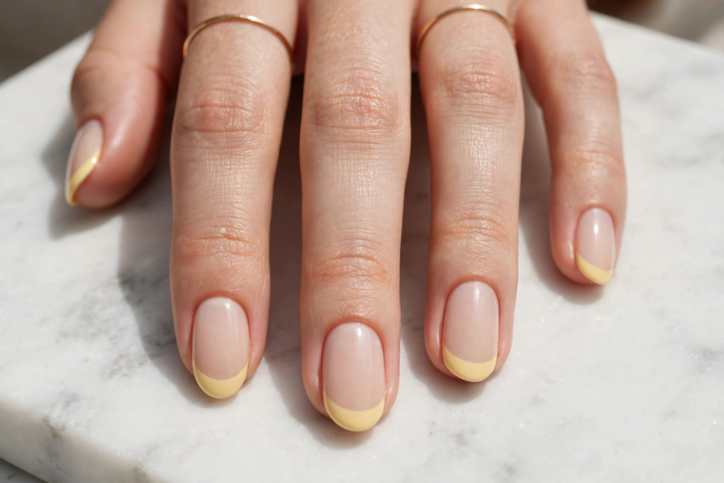 Pastel yellow french nails ideas featuring glossy oval nails with soft butter yellow tips on a sheer nude base.   