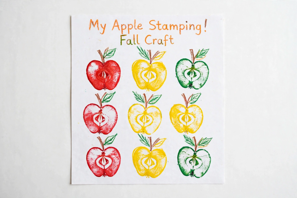 24 Preschool Seasonal Crafts for Spring, Summer, Fall & Winter An autumn apple print art page titled "My Apple Stamping! Fall Craft" featuring stamped red, yellow, and green apples, an easy activity for preschool seasonal crafts.