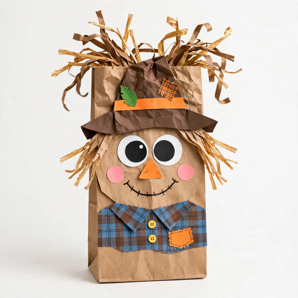 24 Preschool Seasonal Crafts for Spring, Summer, Fall & Winter A brown paper bag scarecrow craft featuring shredded raffia hair, large googly eyes, a patched hat, and a plaid shirt, a cute fall idea for preschool seasonal crafts.