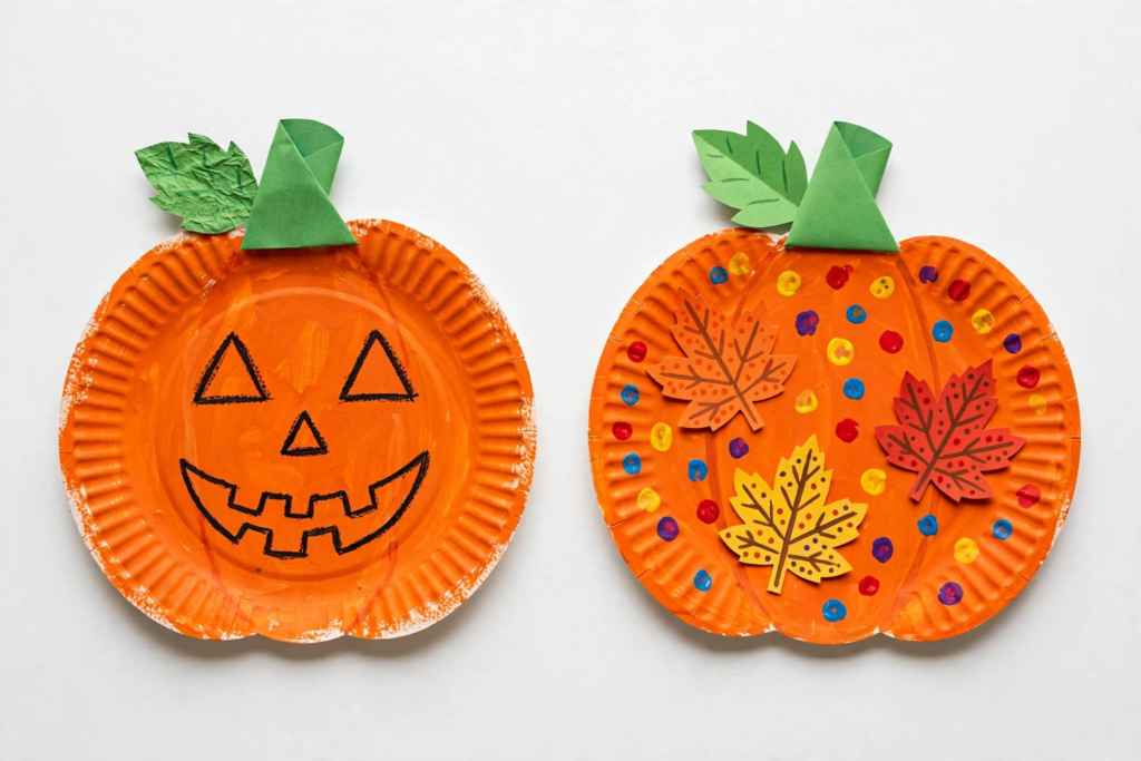24 Preschool Seasonal Crafts for Spring, Summer, Fall & Winter Two orange paper plate pumpkin crafts, one drawn as a jack-o'-lantern and the other decorated with colorful dot paint and paper autumn leaves, ideal for preschool seasonal crafts.