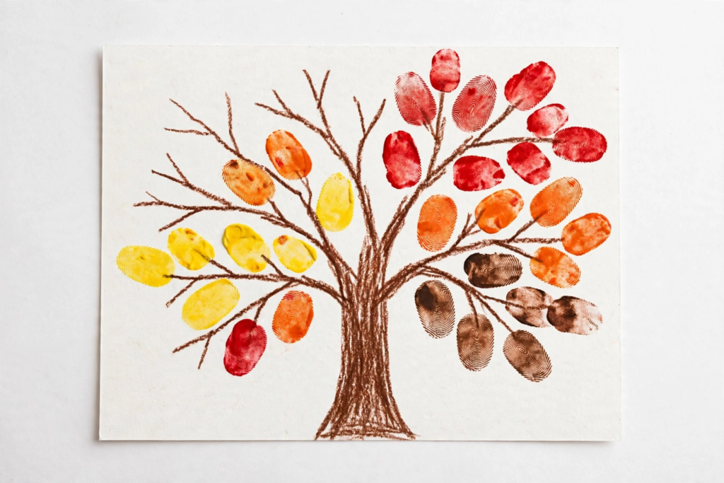 24 Preschool Seasonal Crafts for Spring, Summer, Fall & Winter An autumn tree art activity made with crayon branches and red, orange, yellow, and brown fingerprint leaves, a classic project for preschool seasonal crafts.