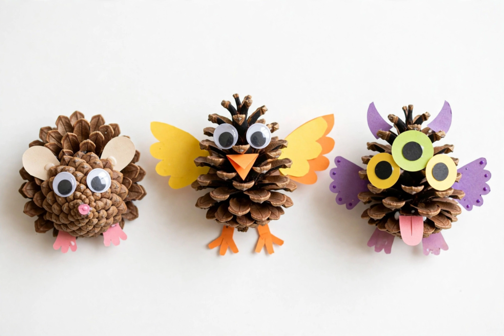 24 Preschool Seasonal Crafts for Spring, Summer, Fall & Winter Three cute pinecone woodland creatures including a hedgehog, bird, and monster with paper cutouts and googly eyes, a fun autumn idea for preschool seasonal crafts.