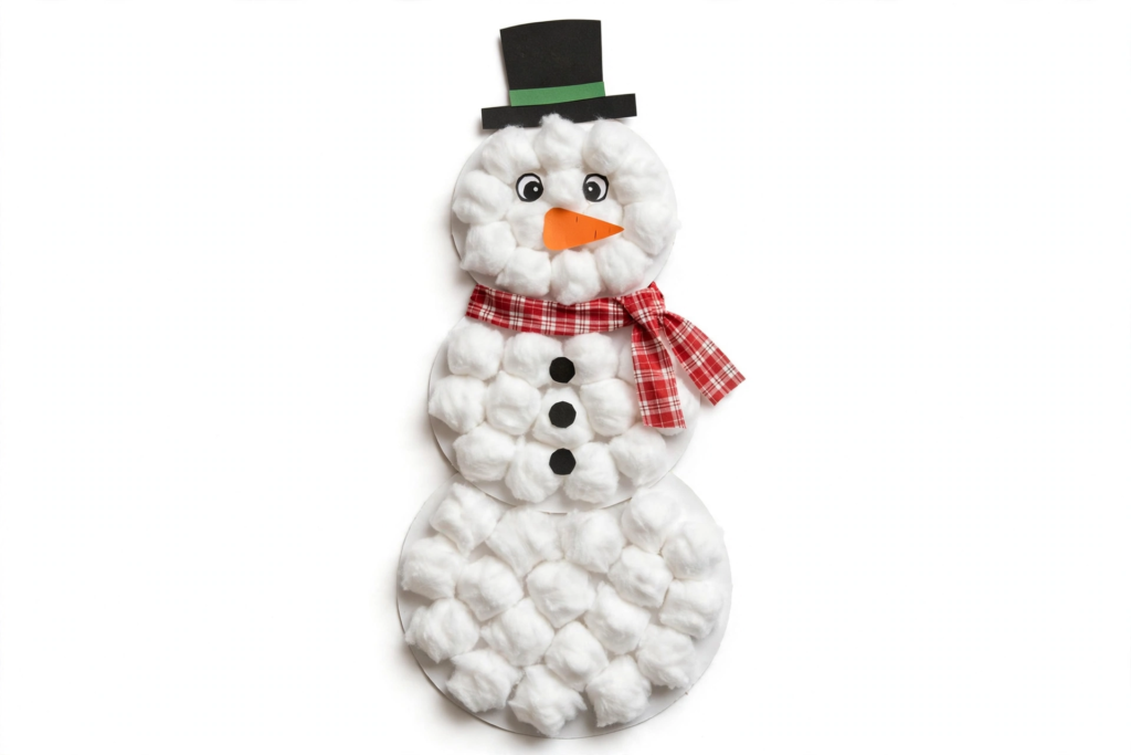 24 Preschool Seasonal Crafts for Spring, Summer, Fall & Winter A fluffy cotton ball snowman craft with a black top hat, red plaid ribbon scarf, and paper carrot nose, a fun winter project for preschool seasonal crafts.