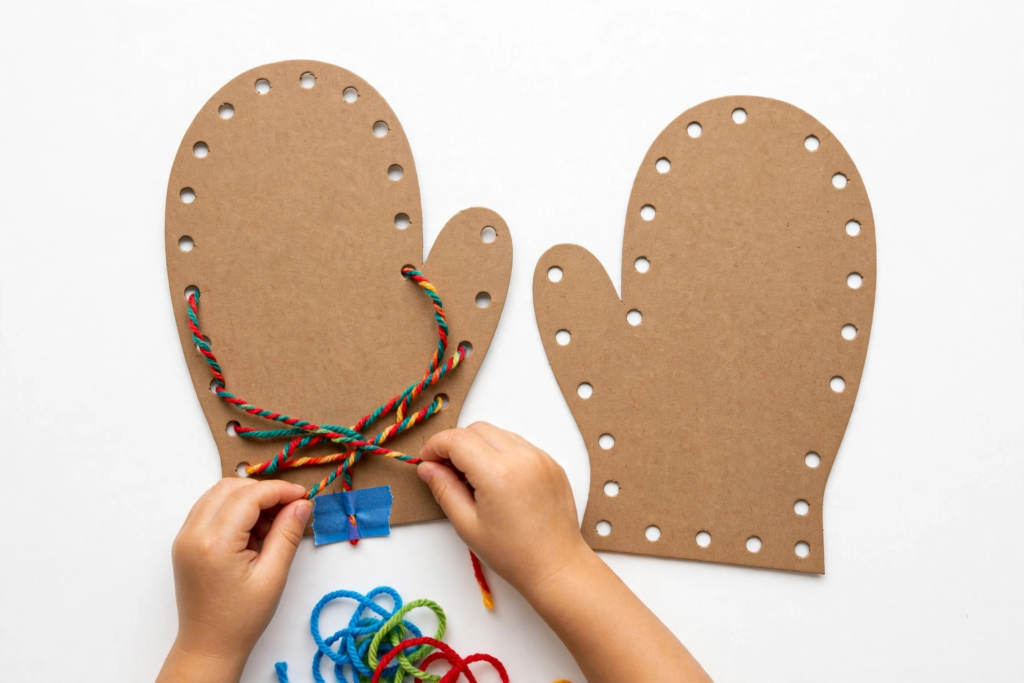 24 Preschool Seasonal Crafts for Spring, Summer, Fall & Winter A toddler practicing fine motor skills by lacing colorful yarn through hole-punched cardboard mittens, a winter idea for preschool seasonal crafts.