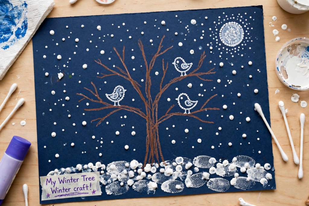24 Preschool Seasonal Crafts for Spring, Summer, Fall & Winter A nighttime winter tree painting titled "My Winter Tree Winter craft!" decorated with cotton swab dot-painted snow, birds, and moon, an easy activity for preschool seasonal crafts.