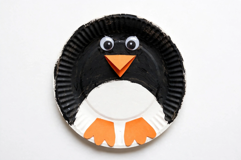 24 Preschool Seasonal Crafts for Spring, Summer, Fall & Winter A cute black and white paper plate penguin craft with googly eyes, an orange beak, and feet, a simple winter idea for preschool seasonal crafts.