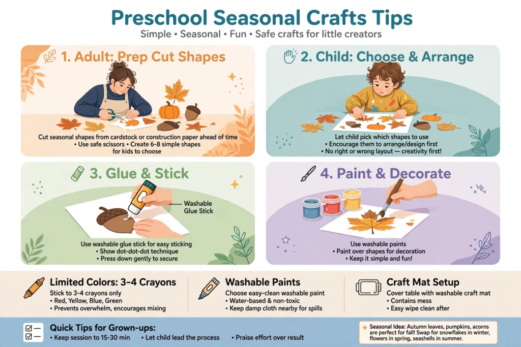 24 Preschool Seasonal Crafts for Spring, Summer, Fall & Winter An instructional infographic titled "Preschool Seasonal Crafts Tips" outlining four steps for crafting with young children: adult shape prep, choosing and arranging, gluing, and painting.