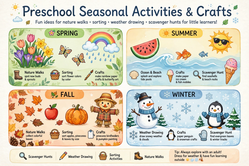 24 Preschool Seasonal Crafts for Spring, Summer, Fall & Winter An instructional infographic titled "Preschool Seasonal Crafts Tips" outlining four steps for crafting with young children: adult shape prep, choosing and arranging, gluing, and painting.