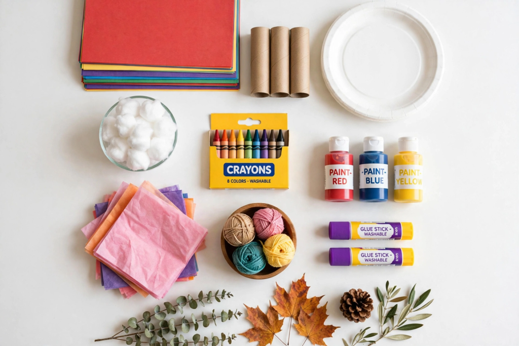 24 Preschool Seasonal Crafts for Spring, Summer, Fall & Winter An overhead flat-lay of assorted art supplies—including colored paper, paints, crayons, cotton balls, yarn, and fall leaves—for preschool seasonal crafts.