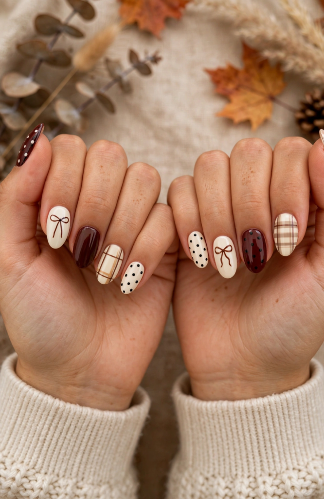 Almond-shaped fall October nails 2026 featuring glossy burgundy gel, cream accent nails with hand-painted brown bows, micro polka dots, and cozy autumn plaid patterns against a knit sweater background.