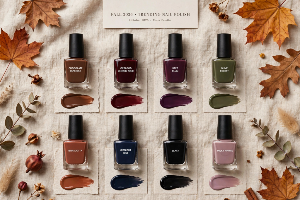 Fall October nails 2026 trending nail polish color palette display featuring swatches of Chocolate Espresso, Oxblood Cherry Noir, Deep Plum, Olive Forest, Terracotta, Midnight Blue, Black, and Milky Mauve surrounded by autumn leaves.   