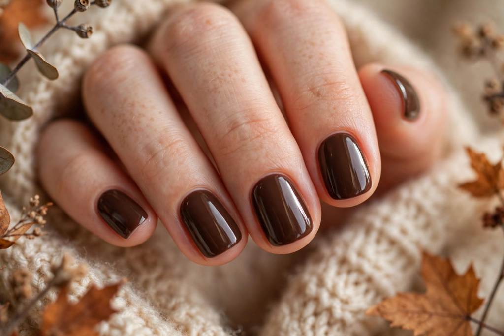 Short squoval fall October nails 2026 painted in glossy deep chocolate brown gel polish, styled against a cozy beige knit sweater and dried autumn leaves.   