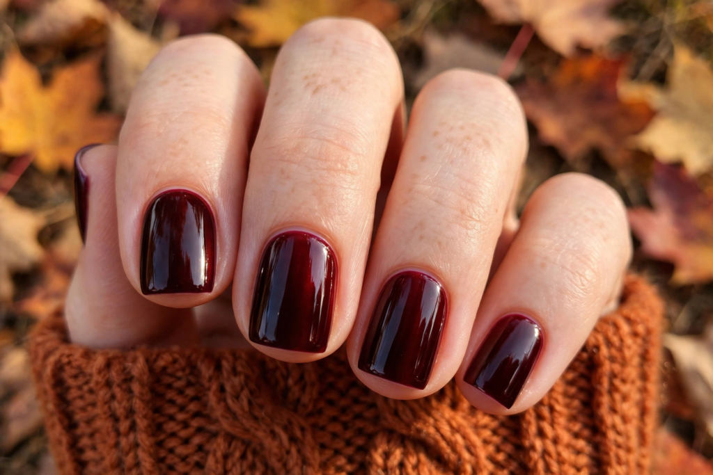 Short square fall October nails 2026 painted in high-gloss deep oxblood red gel polish, held over a rust-orange cable knit sweater sleeve and fallen autumn leaves.   