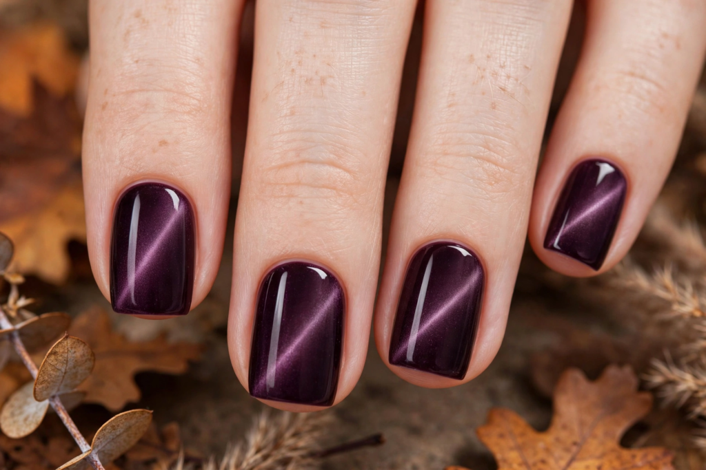 Short square fall October nails 2026 featuring a deep plum cat-eye velvet gel manicure with reflective magnetic shimmer, displayed over rustic autumn leaves.   