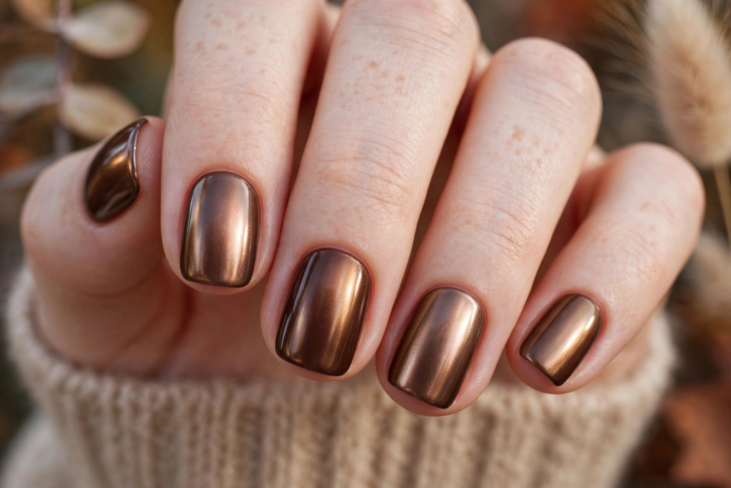 Short squoval fall October nails 2026 featuring metallic bronze chrome glazed finish with glowing brown undertones, styled against a cozy knit sweater sleeve.   