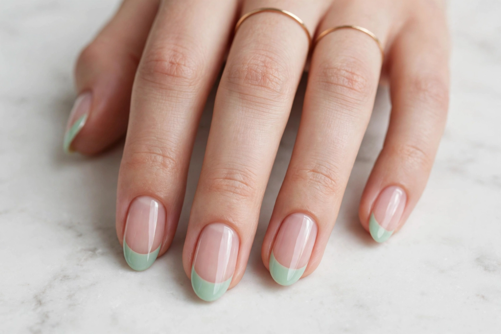 Fresh sage green french nails ideas featuring glossy oval-shaped nails with pastel mint green French tips on a nude base.   