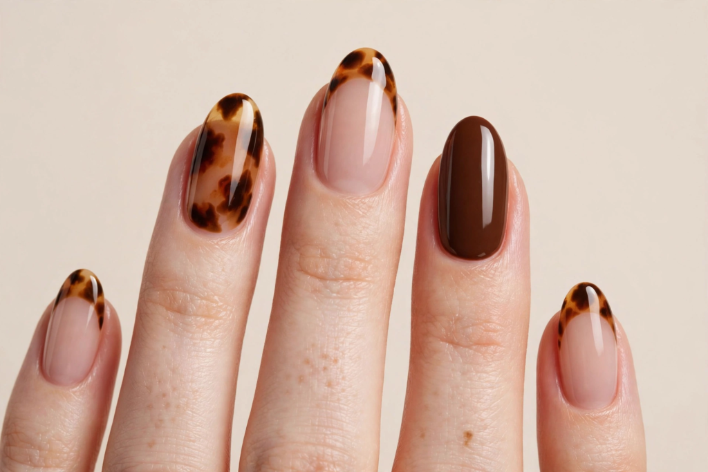 Oval fall October nails 2026 featuring tortoiseshell french tips, an all-over amber tortie accent nail, a rich glossy chocolate brown nail, and sheer nude negative space.   