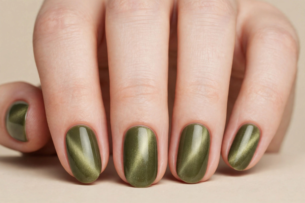 Oval fall October nails 2026 styled in shimmering olive green magnetic cat-eye gel polish with glowing velvet light reflections.   