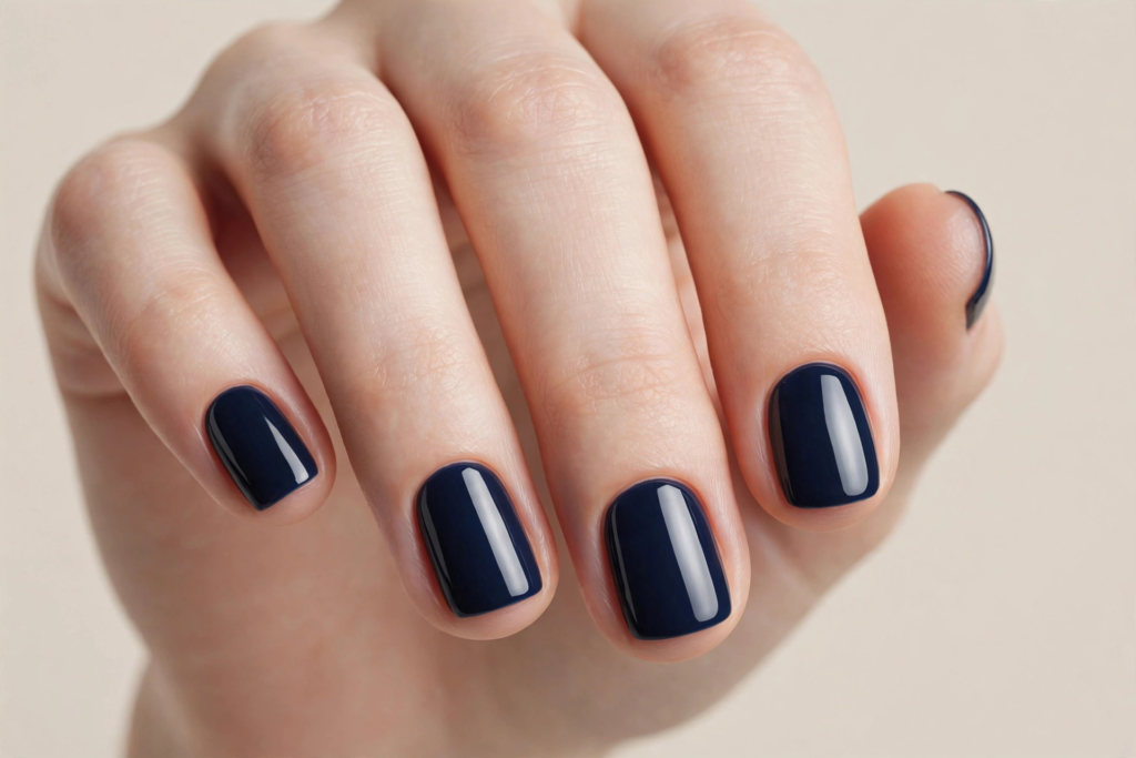 Short squoval fall October nails 2026 painted in high-shine deep midnight blue gel polish with a clean, minimalist salon finish.   