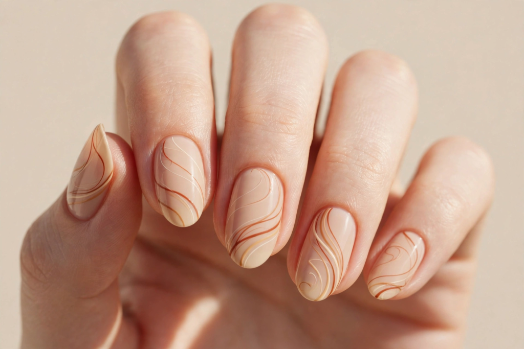 Almond fall October nails 2026 featuring minimalist nude base polish with fine swirl line art in shades of warm latte brown, terracotta, and soft white.   