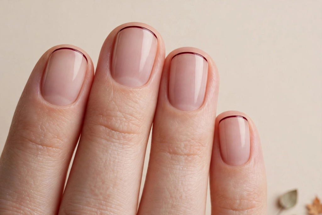 Short squoval fall October nails 2026 featuring a glossy sheer nude base and ultra-thin micro French tips outlined in deep burgundy red.   
