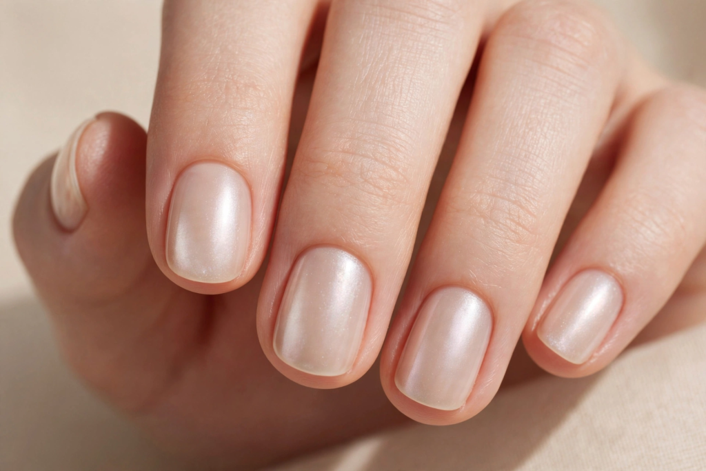 Short squoval fall October nails 2026 featuring a sheer milky white base with an iridescent pearlescent chrome glazed finish.   