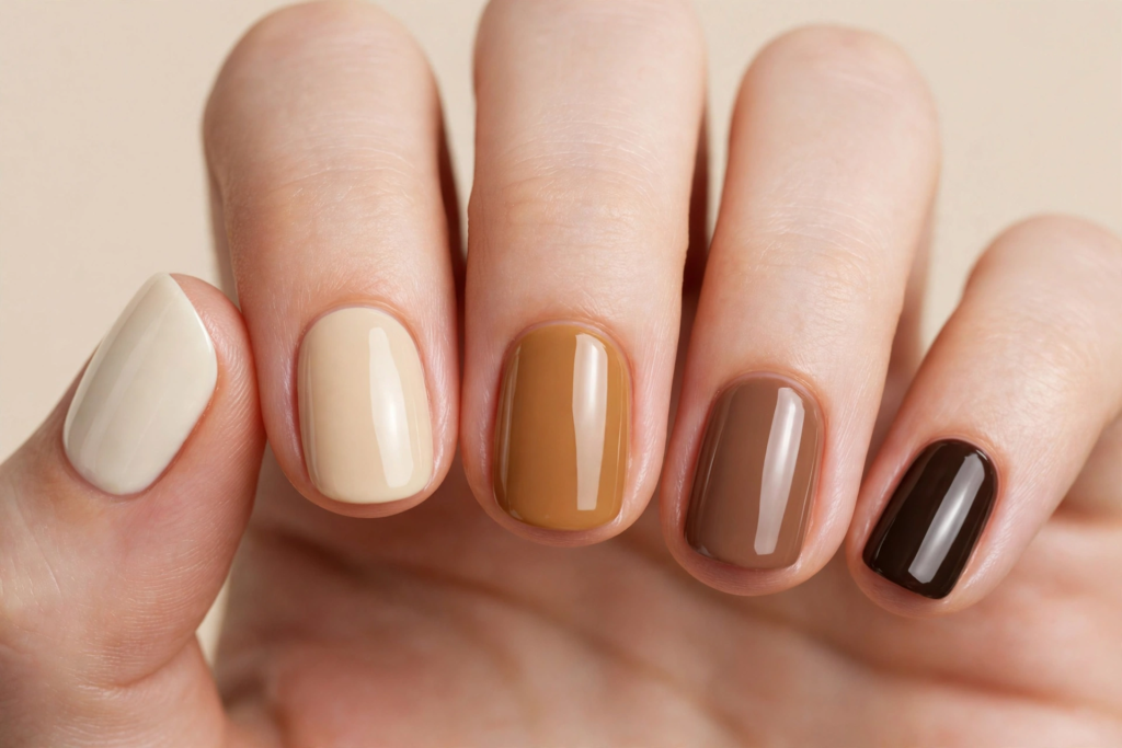 Short squoval fall October nails 2026 featuring a tonal brown gradient skittle manicure ranging from soft cream, beige, and warm caramel to milk chocolate and deep espresso gel polish.   