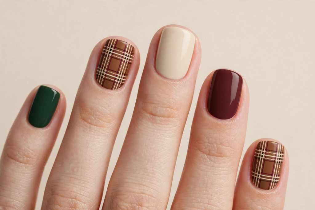 Short squoval fall October nails 2026 featuring cozy brown tartan plaid accent nails paired with solid deep forest green, creamy beige, and rich burgundy gel polish.   