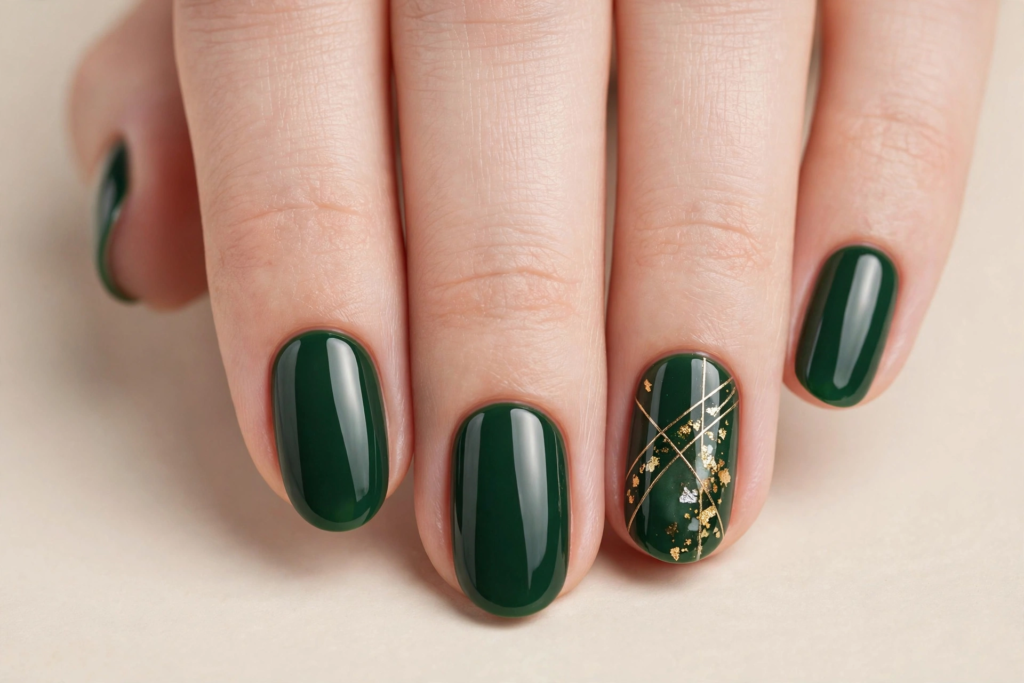 Oval fall October nails 2026 featuring glossy dark forest emerald green gel polish with a delicate accent nail detailed in fine gold stripes and metallic gold foil flakes.   