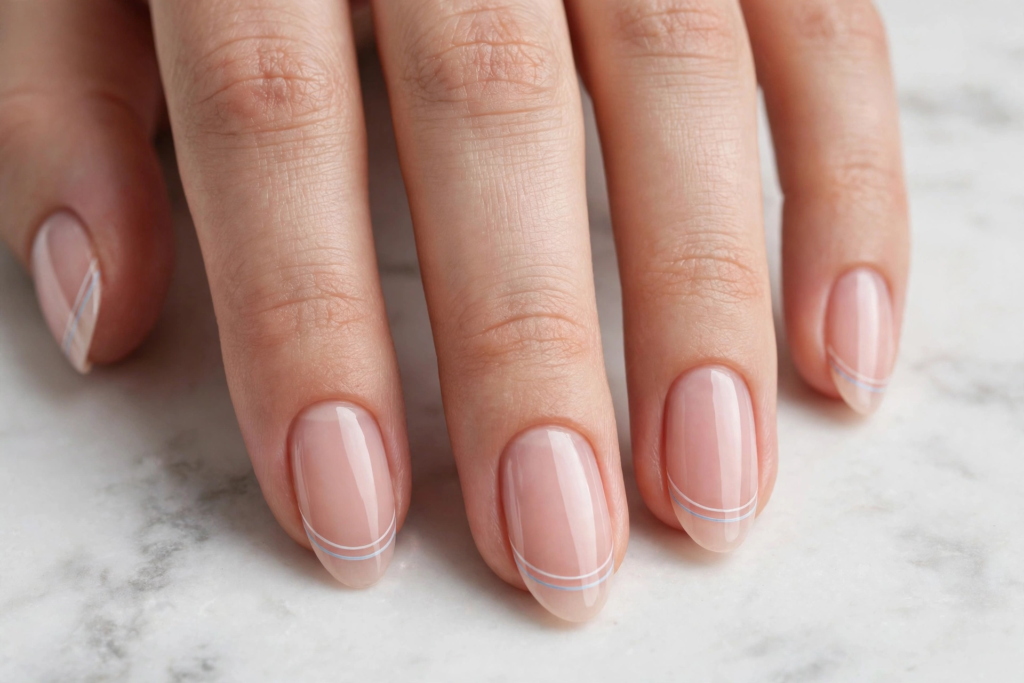 Minimalist french nails ideas featuring glossy oval nude nails accented with delicate double pastel blue outline tips.   