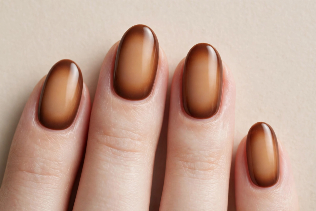 Oval fall October nails 2026 styled in a cozy warm brown aura gradient, featuring a sheer beige center blending softly into deep espresso-tinted outer edges.   