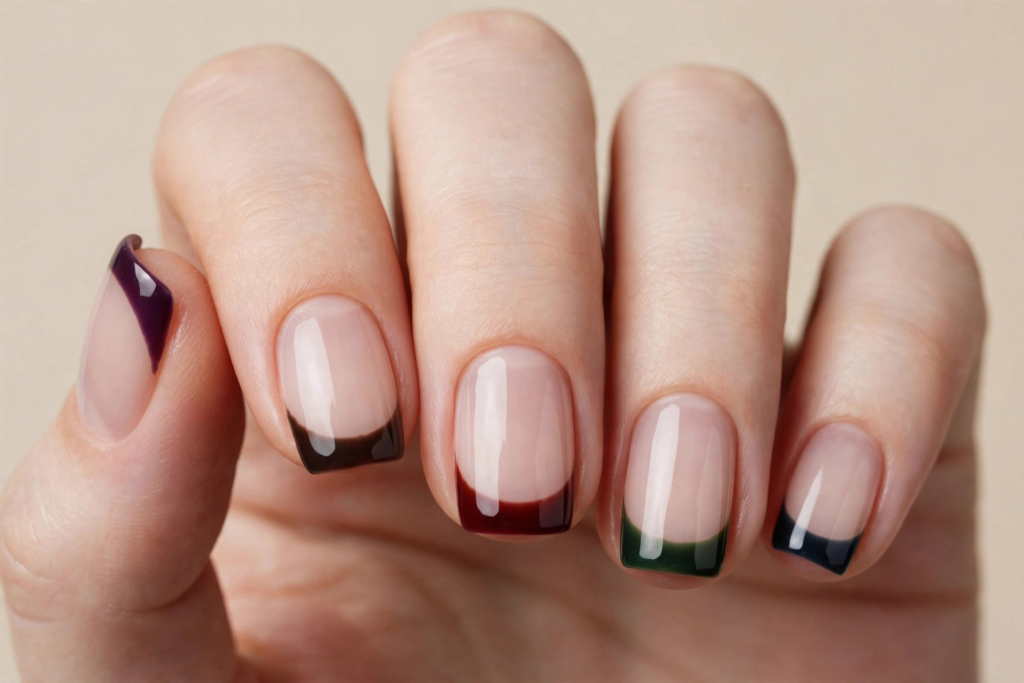 Short squoval fall October nails 2026 featuring a glossy sheer nude base with mismatched jewel-toned French tips in plum, deep brown, oxblood red, forest green, and navy blue.   