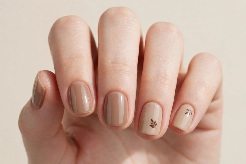Short squoval fall October nails 2026 featuring a subtle taupe-brown ombré gradient accented with delicate brown autumn botanical leaf silhouettes on light beige nails.   