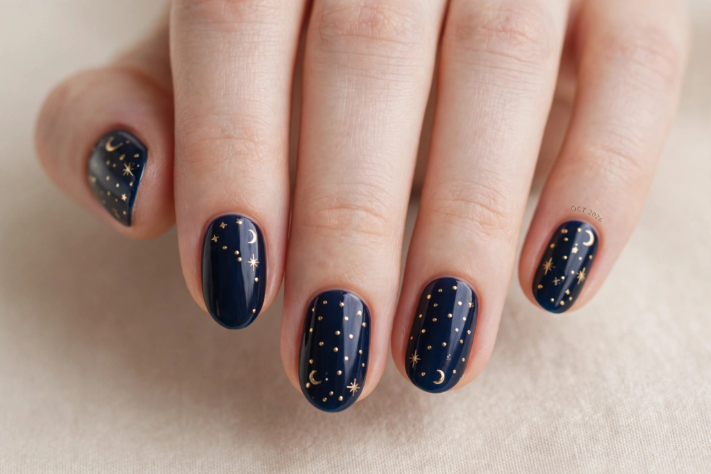 Oval fall October nails 2026 painted in glossy midnight navy blue and adorned with intricate gold celestial art, including crescent moons, twinkling stars, and delicate constellation dots.   