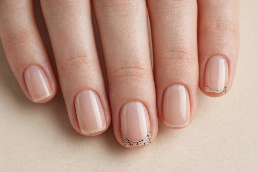 Short squoval fall October nails 2026 featuring a glossy sheer nude base accented with delicate fine-line black spider web nail art on the tips for a subtle Halloween manicure.   