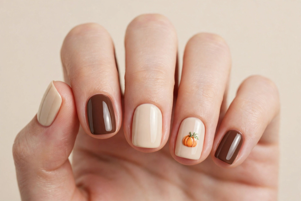 Short squoval fall October nails 2026 featuring alternating rich chocolate brown and creamy beige polish with a cute hand-painted miniature orange pumpkin accent nail.   