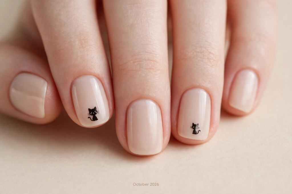 Short squoval fall October nails 2026 featuring a glossy sheer milky nude base accented with tiny hand-painted black cat silhouettes for a subtle Halloween manicure.   