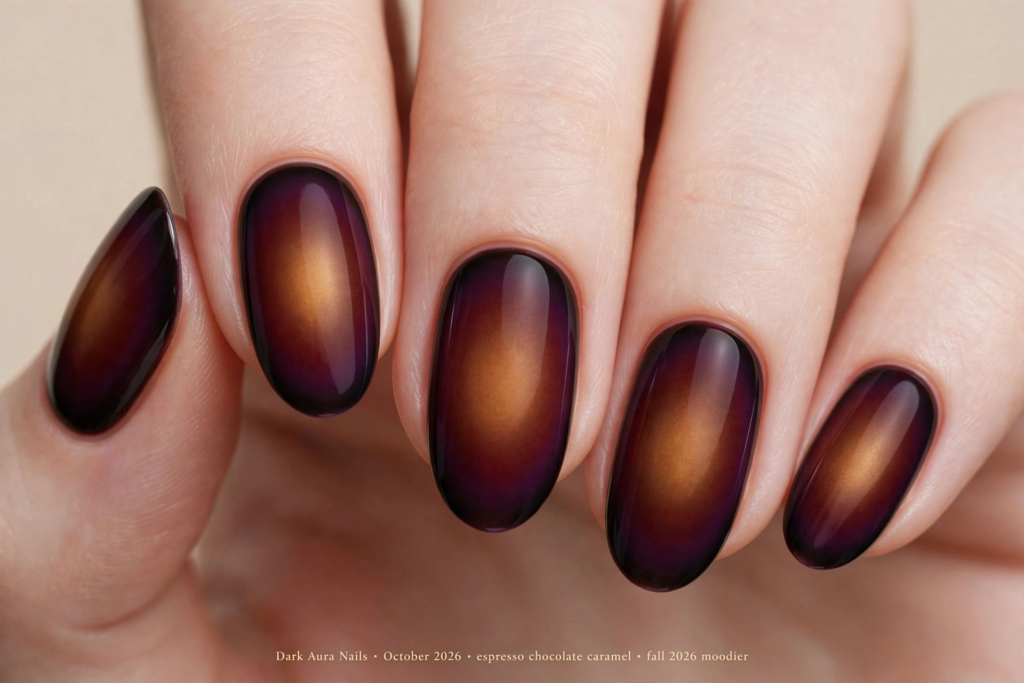 Oval fall October nails 2026 styled in a moody dark aura ombré gradient blending warm golden caramel centers into rich plum and deep espresso chocolate borders.   