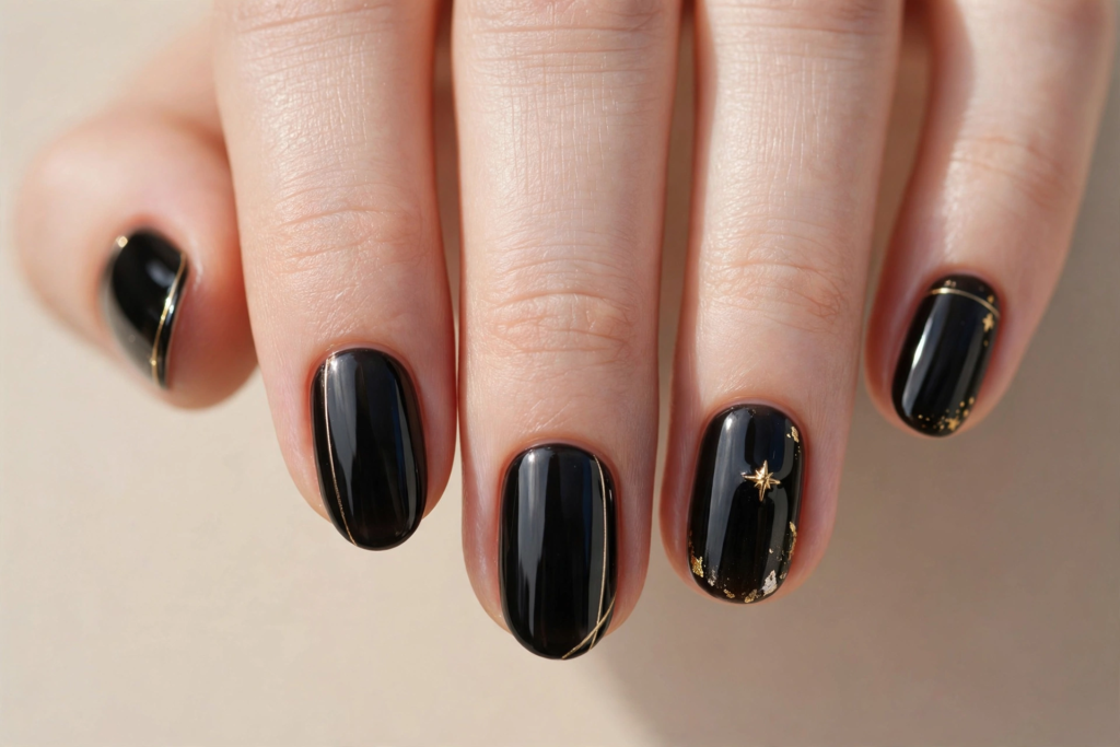 Oval fall October nails 2026 featuring glossy jet black gel polish detailed with fine gold curved lines, delicate metallic gold foil flakes, and a twinkling starburst accent.   