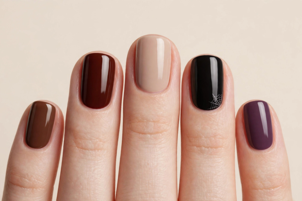 Short squoval fall October nails 2026 featuring a mismatched skittle manicure in warm brown, deep oxblood red, nude beige, plum purple, and a black accent nail detailed with fine white spiderweb nail art.   